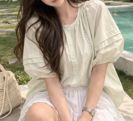 ボタンラウンドネックピンタックパフスリーブルーズ半袖刺繍ブラウス | 詳細画像5