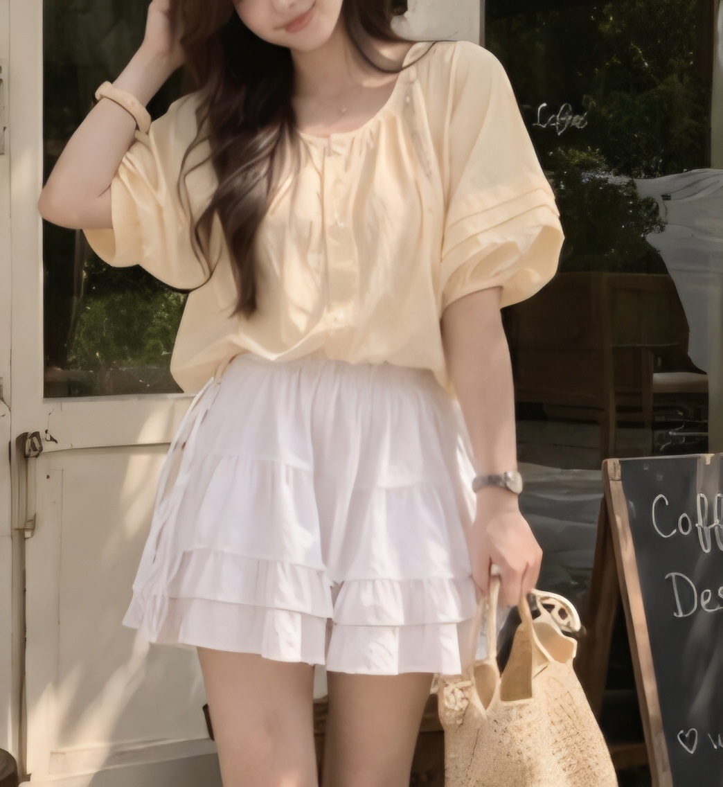 ボタンラウンドネックピンタックパフスリーブルーズ半袖刺繍ブラウス | 詳細画像9