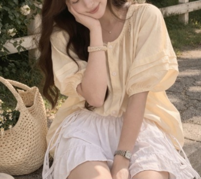 ボタンラウンドネックピンタックパフスリーブルーズ半袖刺繍ブラウス | 詳細画像10