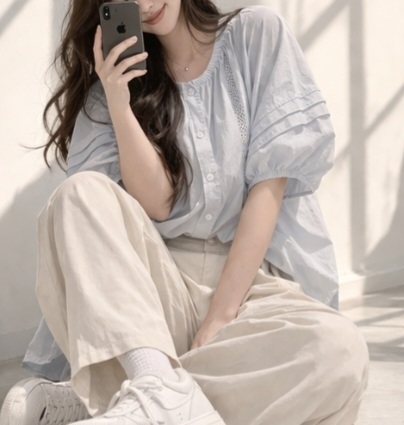 ボタンラウンドネックピンタックパフスリーブルーズ半袖刺繍ブラウス | 詳細画像12