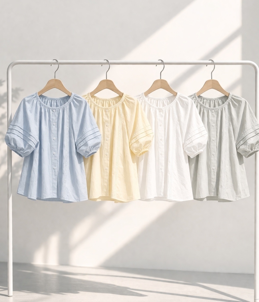 ボタンラウンドネックピンタックパフスリーブルーズ半袖刺繍ブラウス | 詳細画像13