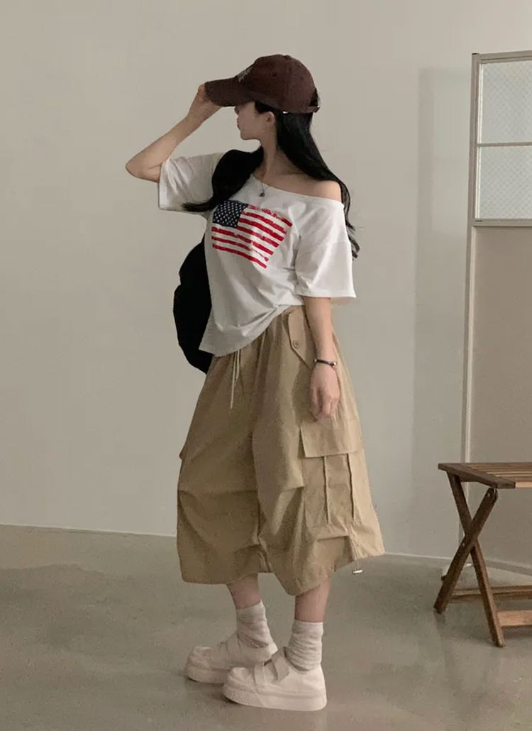ルーズ半袖ボートネックワンショルダー星条旗プリントTシャツ