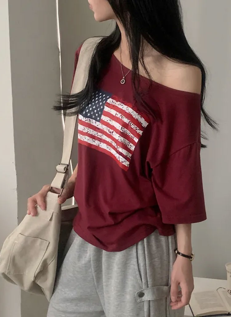 ルーズ半袖ボートネックワンショルダー星条旗プリントTシャツ