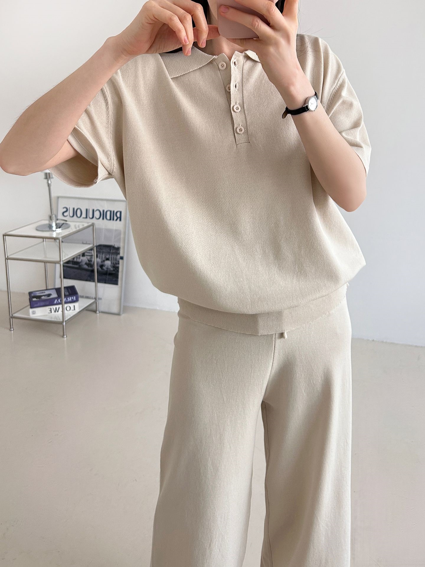 ニットカラーベーシックウエストゴム半袖ワイドセットアップパンツTシャツ | 詳細画像3