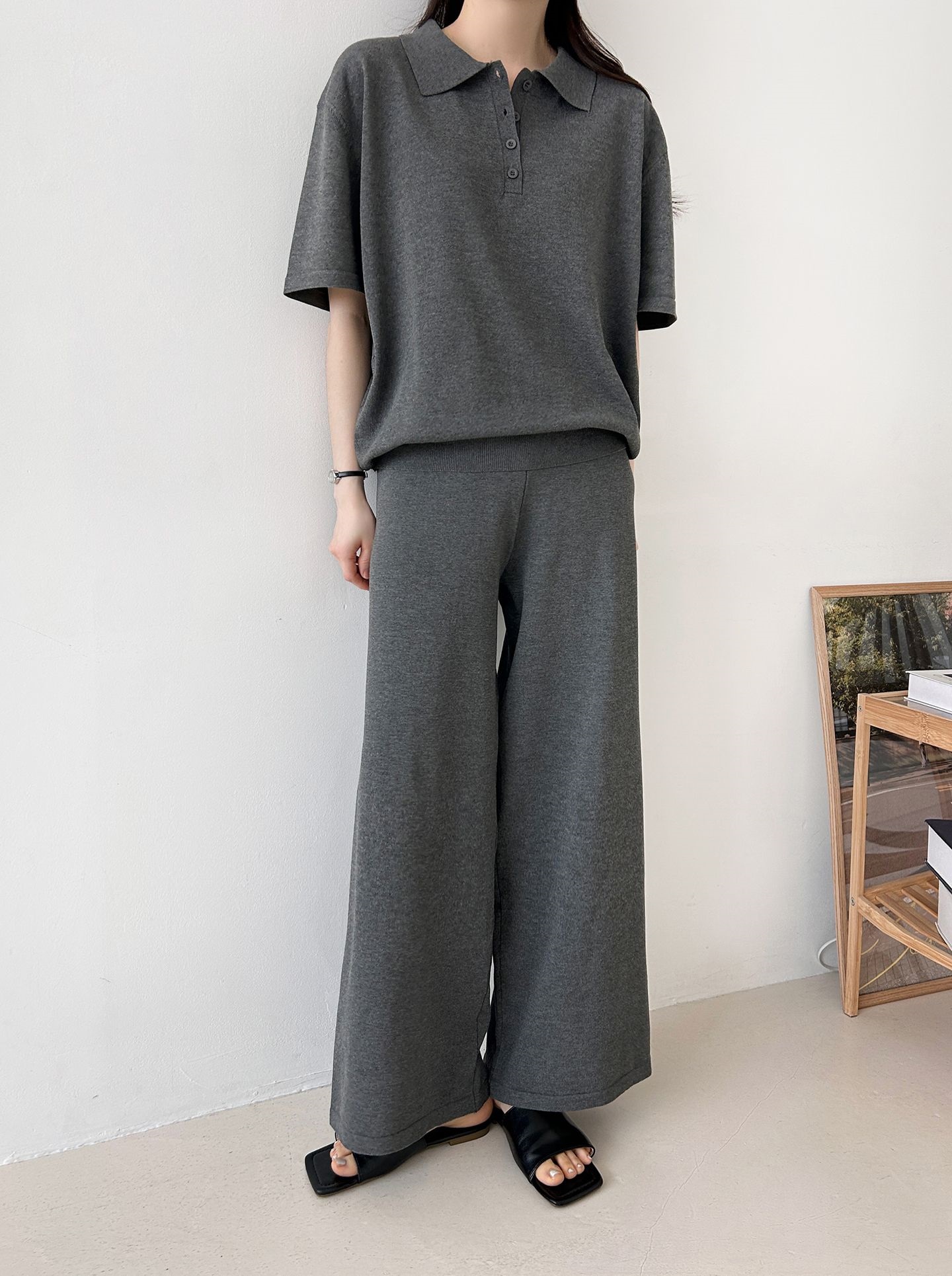 ニットカラーベーシックウエストゴム半袖ワイドセットアップパンツTシャツ | 詳細画像16
