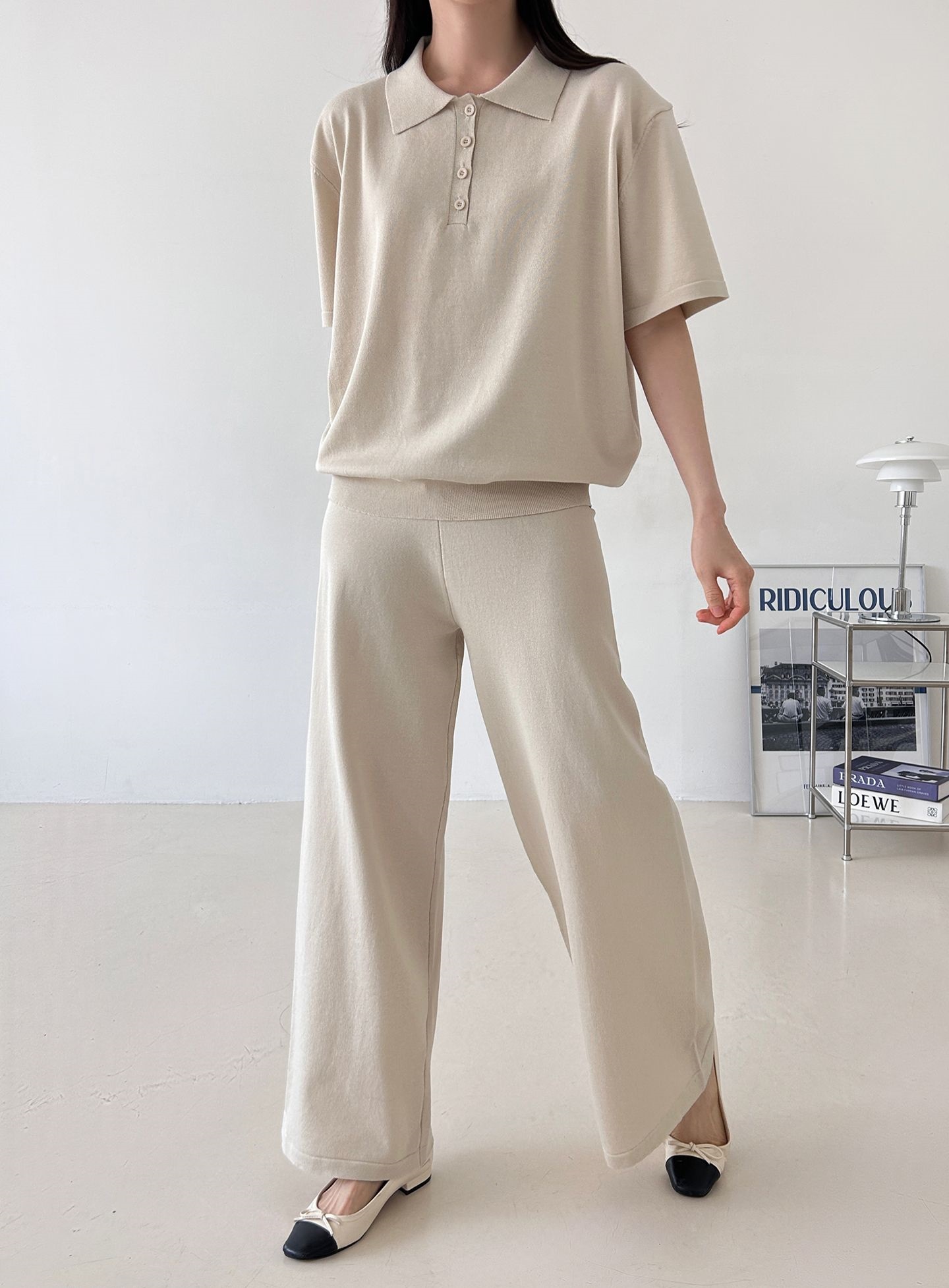 ニットカラーベーシックウエストゴム半袖ワイドセットアップパンツTシャツ | 詳細画像4