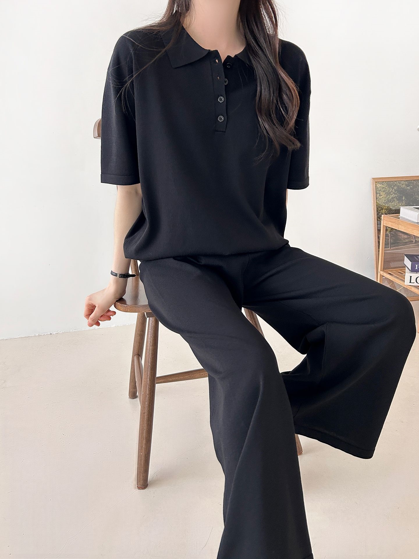 ニットカラーベーシックウエストゴム半袖ワイドセットアップパンツTシャツ | 詳細画像35