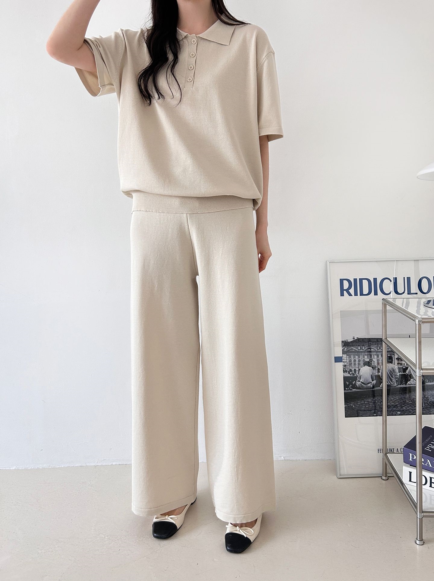 ニットカラーベーシックウエストゴム半袖ワイドセットアップパンツTシャツ | 詳細画像9