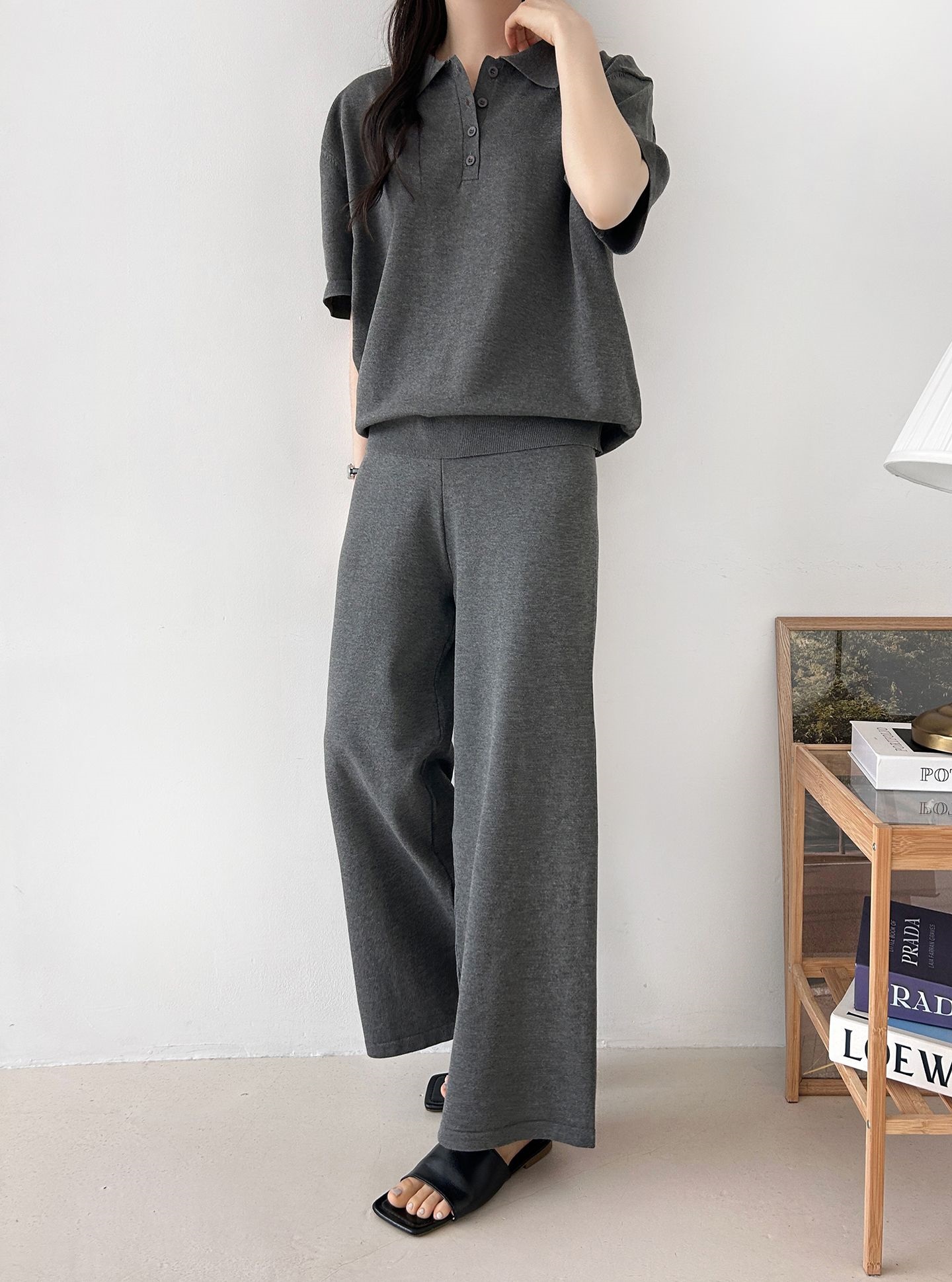 ニットカラーベーシックウエストゴム半袖ワイドセットアップパンツTシャツ | 詳細画像19