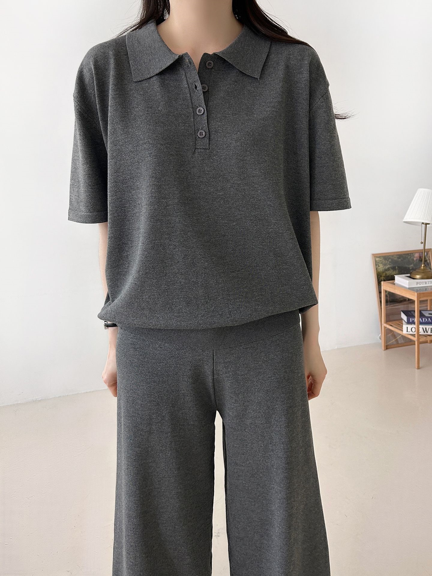 ニットカラーベーシックウエストゴム半袖ワイドセットアップパンツTシャツ | 詳細画像18
