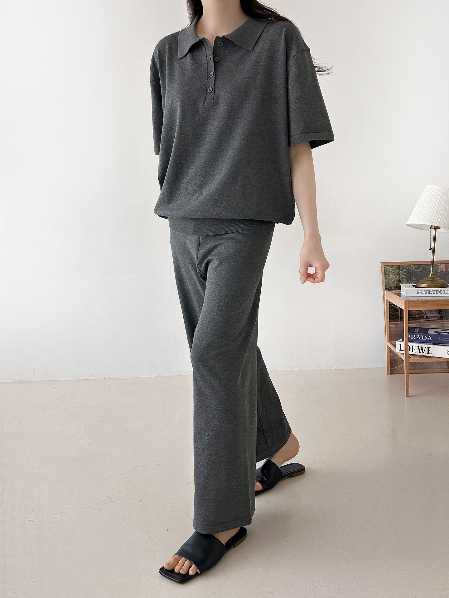ニットカラーベーシックウエストゴム半袖ワイドセットアップパンツTシャツ | 詳細画像21