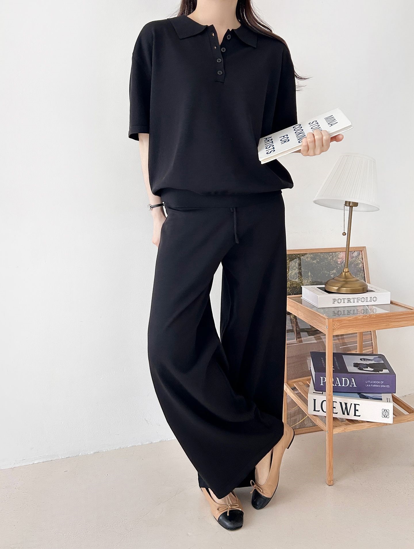 ニットカラーベーシックウエストゴム半袖ワイドセットアップパンツTシャツ | 詳細画像30
