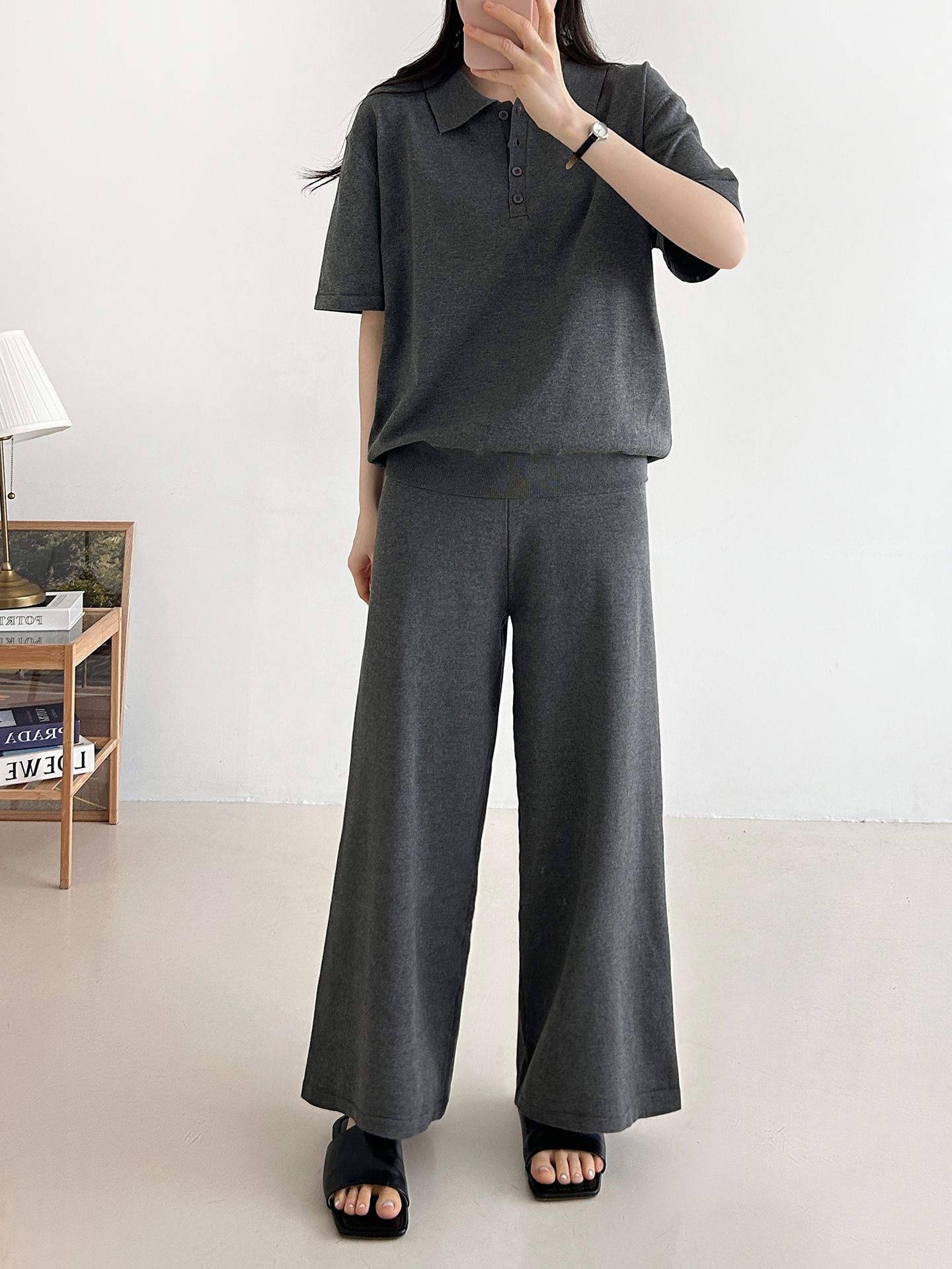 ニットカラーベーシックウエストゴム半袖ワイドセットアップパンツTシャツ | 詳細画像23