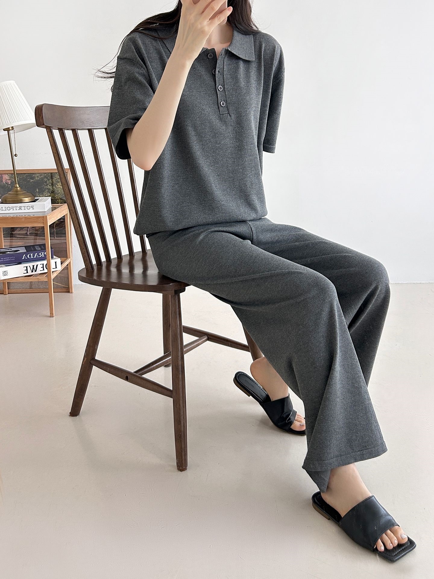 ニットカラーベーシックウエストゴム半袖ワイドセットアップパンツTシャツ | 詳細画像25
