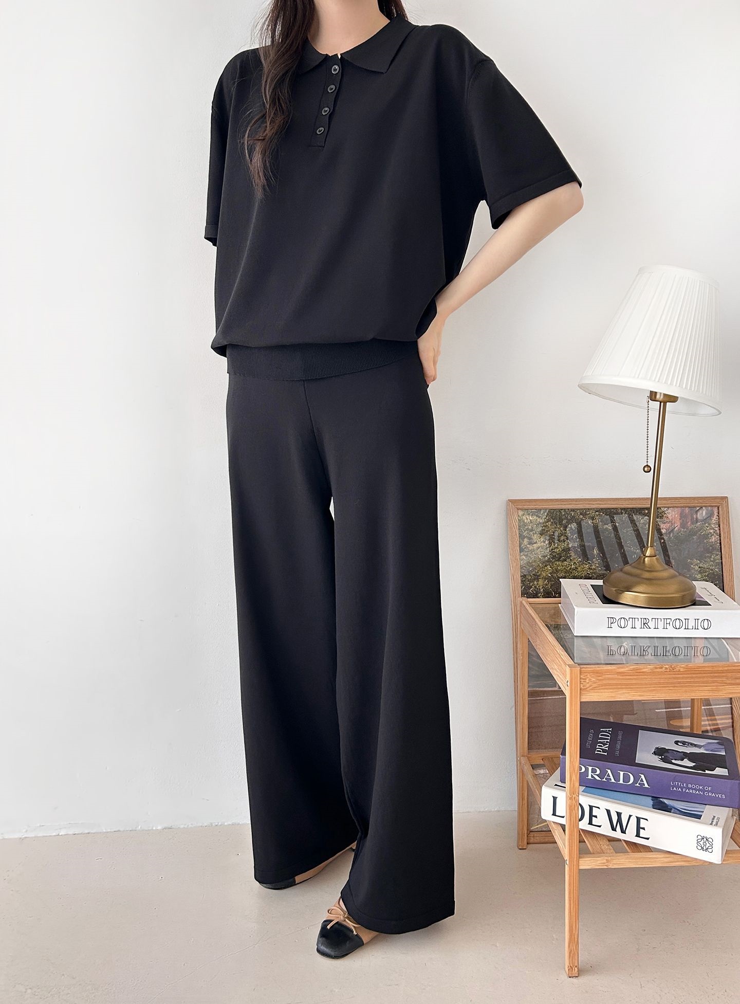 ニットカラーベーシックウエストゴム半袖ワイドセットアップパンツTシャツ | 詳細画像33
