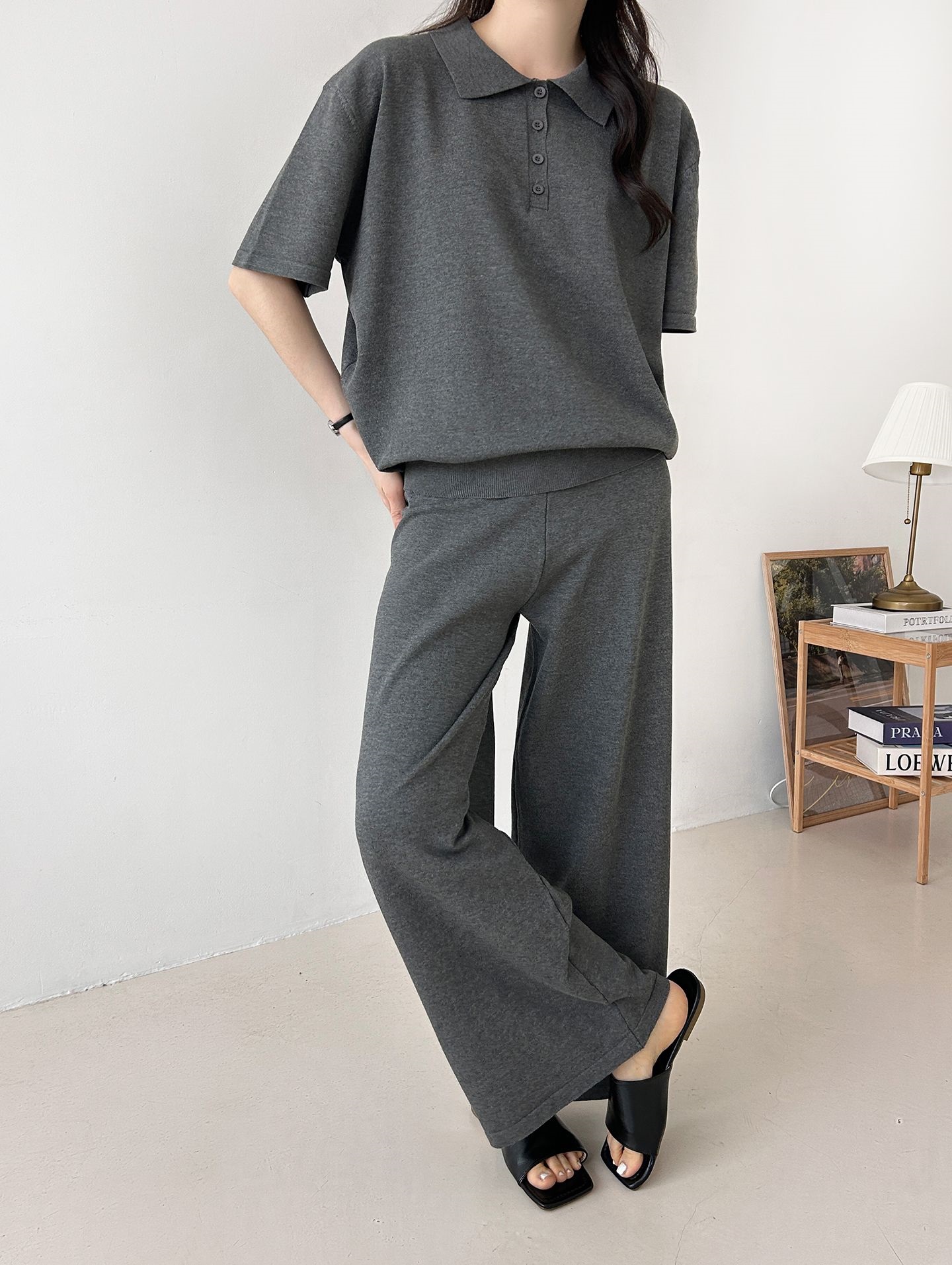 ニットカラーベーシックウエストゴム半袖ワイドセットアップパンツTシャツ | 詳細画像20