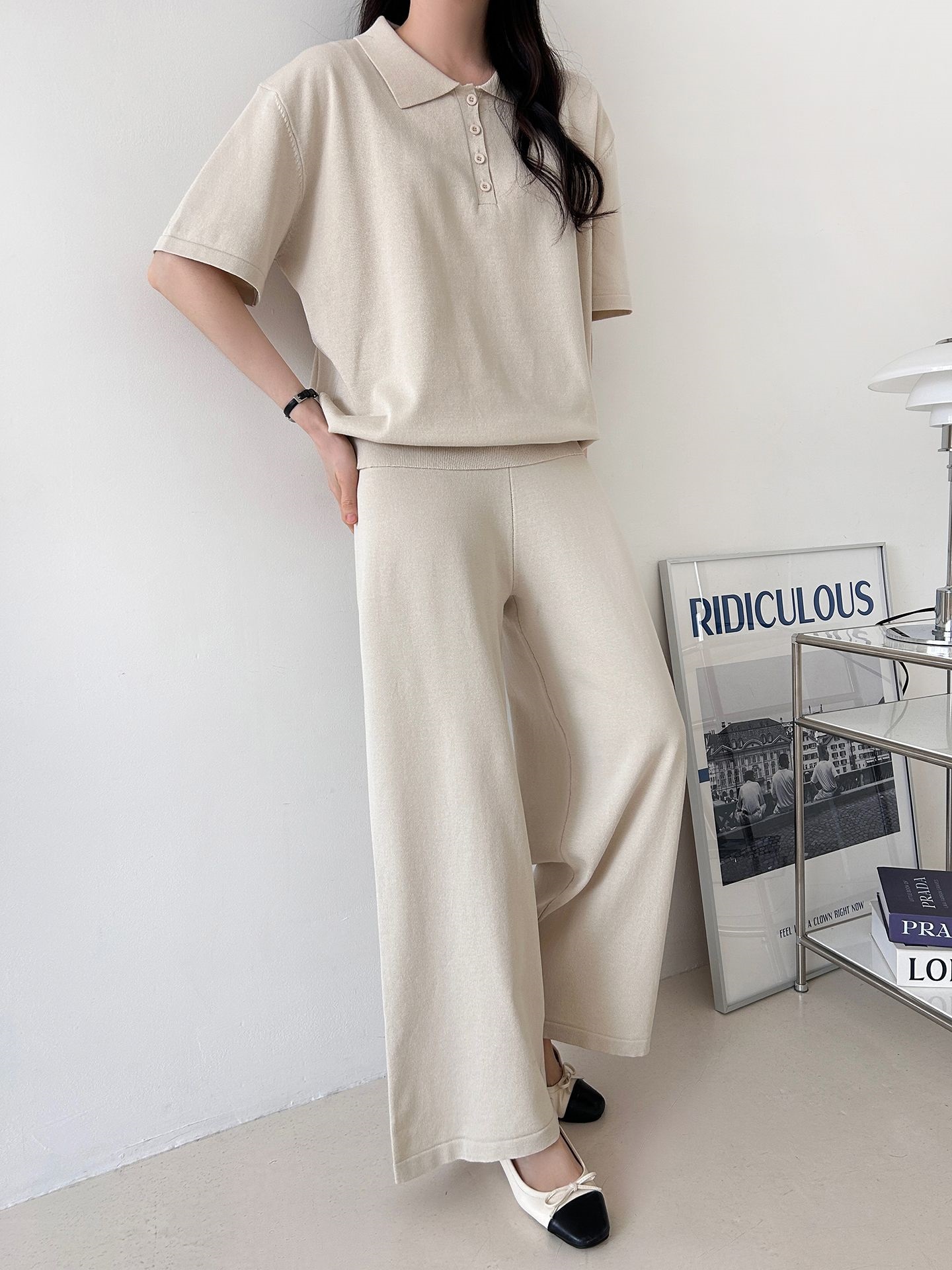 ニットカラーベーシックウエストゴム半袖ワイドセットアップパンツTシャツ | 詳細画像6