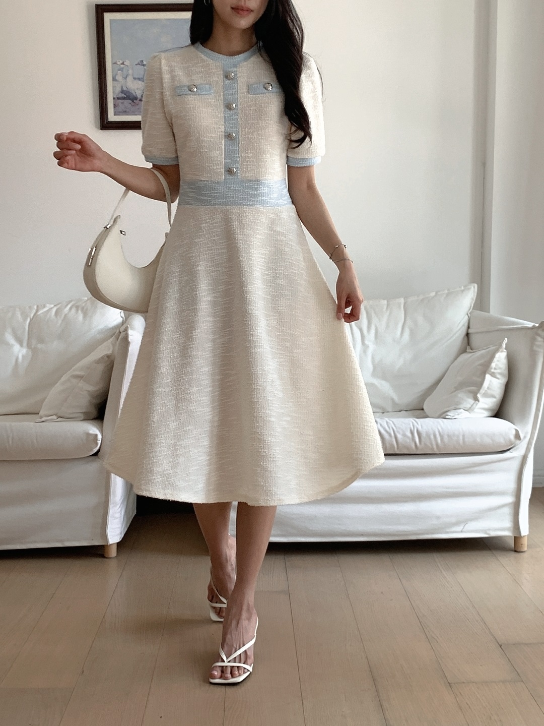 配色ラウンドネックスリムロング半袖フレアワンピース | 詳細画像3