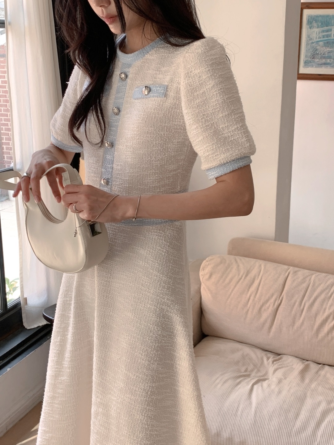 配色ラウンドネックスリムロング半袖フレアワンピース | 詳細画像5