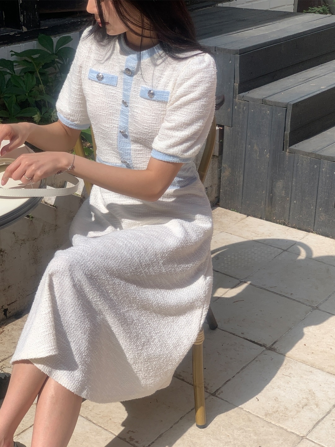 配色ラウンドネックスリムロング半袖フレアワンピース | 詳細画像6