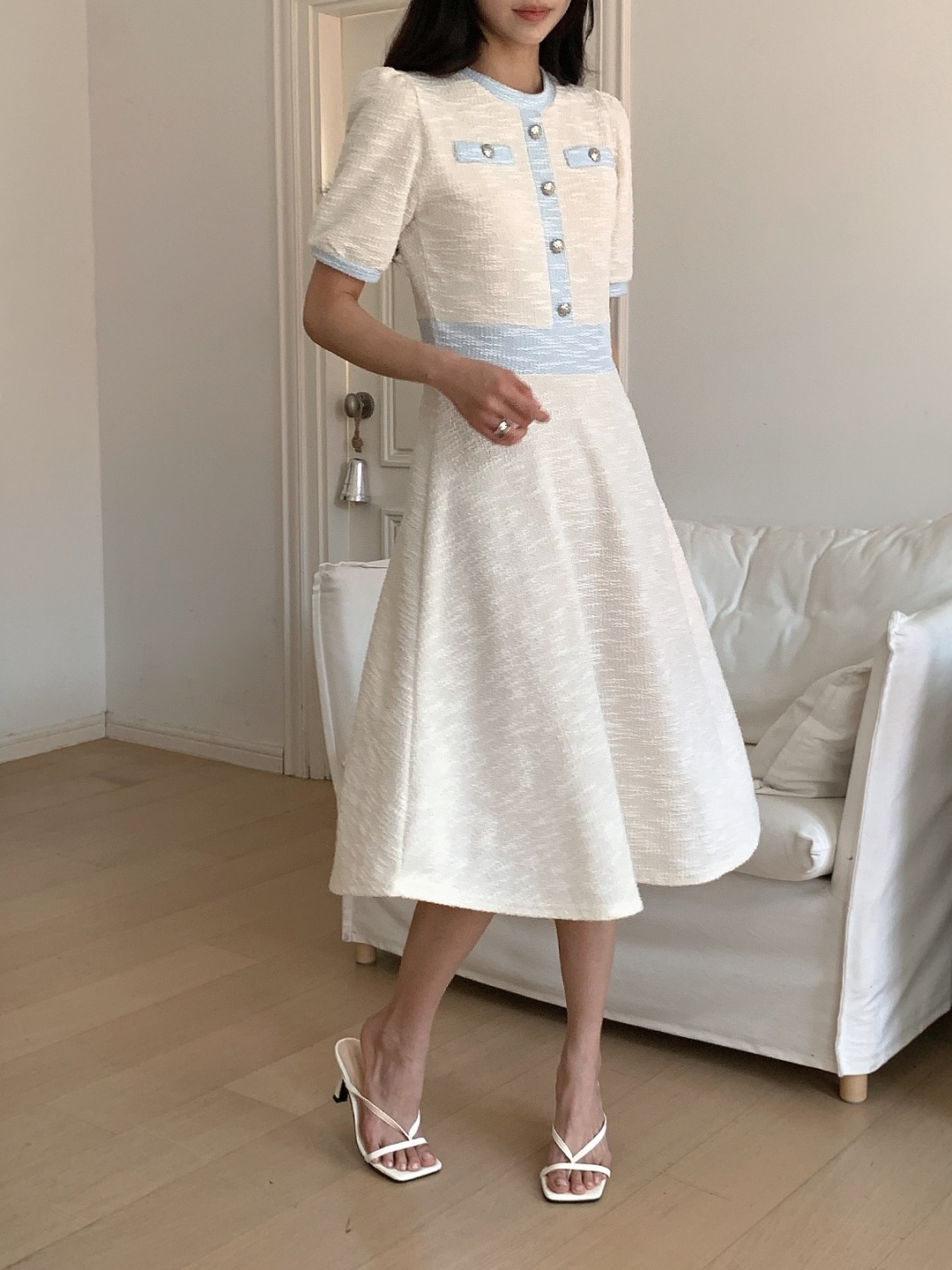 配色ラウンドネックスリムロング半袖フレアワンピース | 詳細画像9