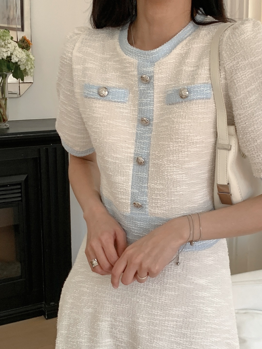 配色ラウンドネックスリムロング半袖フレアワンピース | 詳細画像11