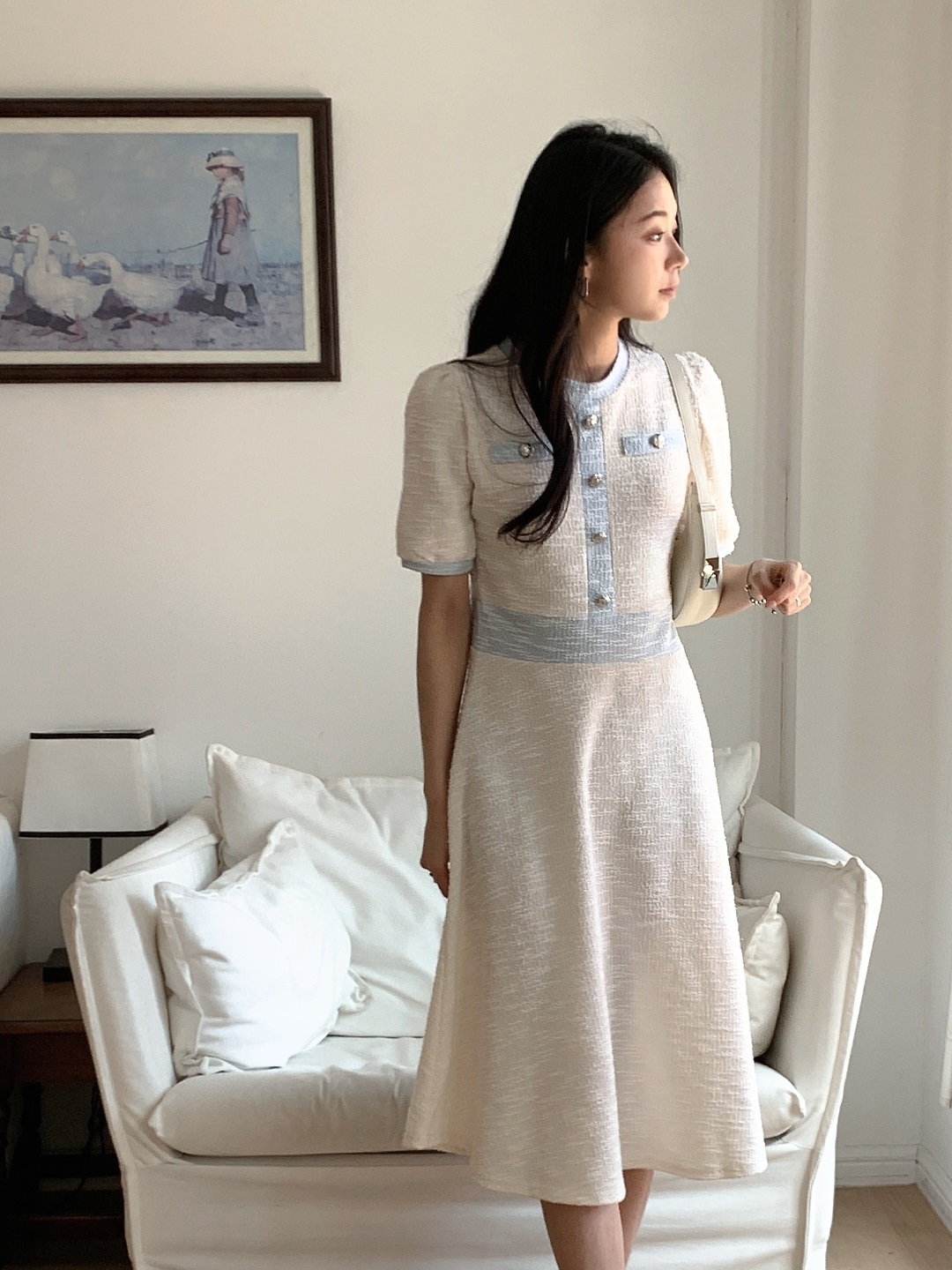 配色ラウンドネックスリムロング半袖フレアワンピース | 詳細画像10