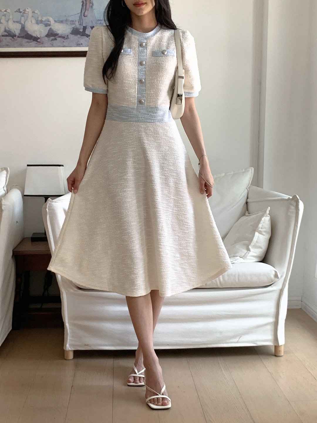 配色ラウンドネックスリムロング半袖フレアワンピース | 詳細画像13