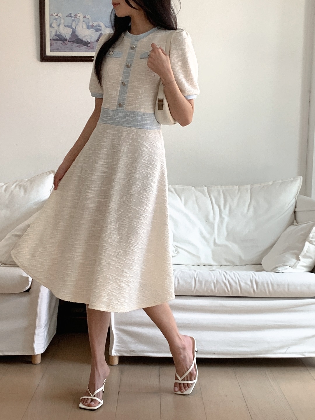 配色ラウンドネックスリムロング半袖フレアワンピース | 詳細画像12