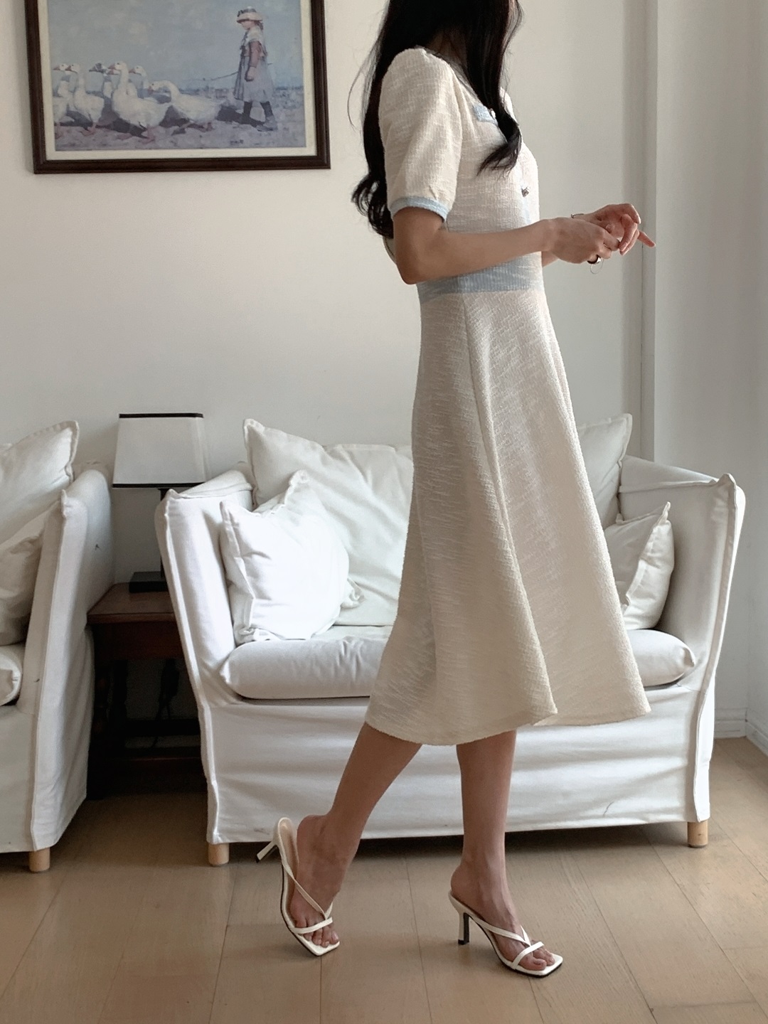 配色ラウンドネックスリムロング半袖フレアワンピース | 詳細画像14