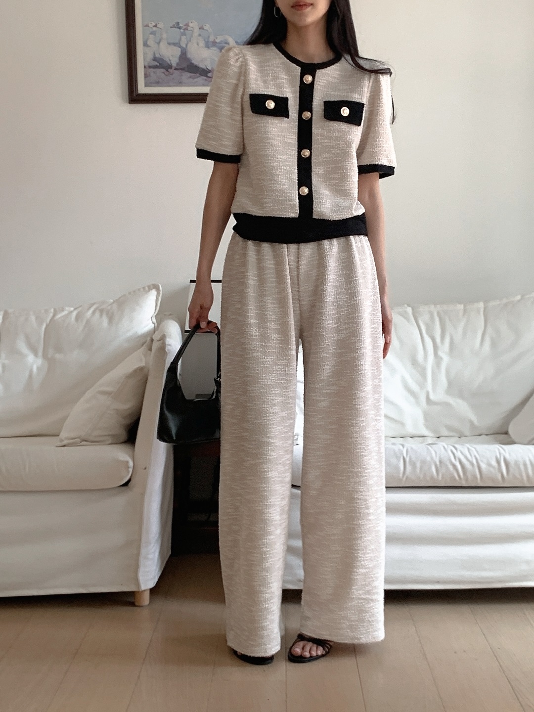 配色ラウンドネックベーシックウエストゴム半袖ワイドセットアップパンツニット | 詳細画像2