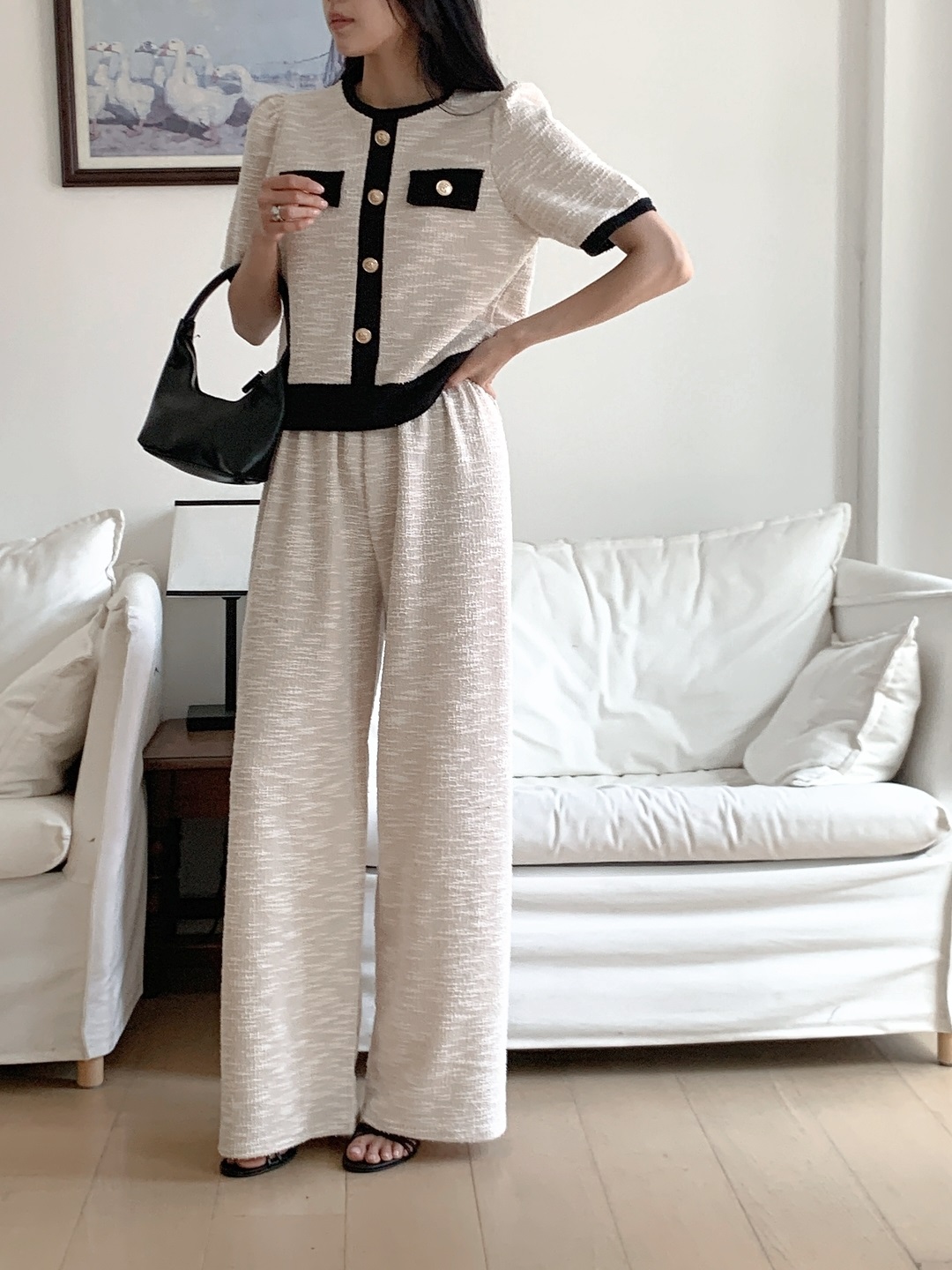 配色ラウンドネックベーシックウエストゴム半袖ワイドセットアップパンツニット | 詳細画像3