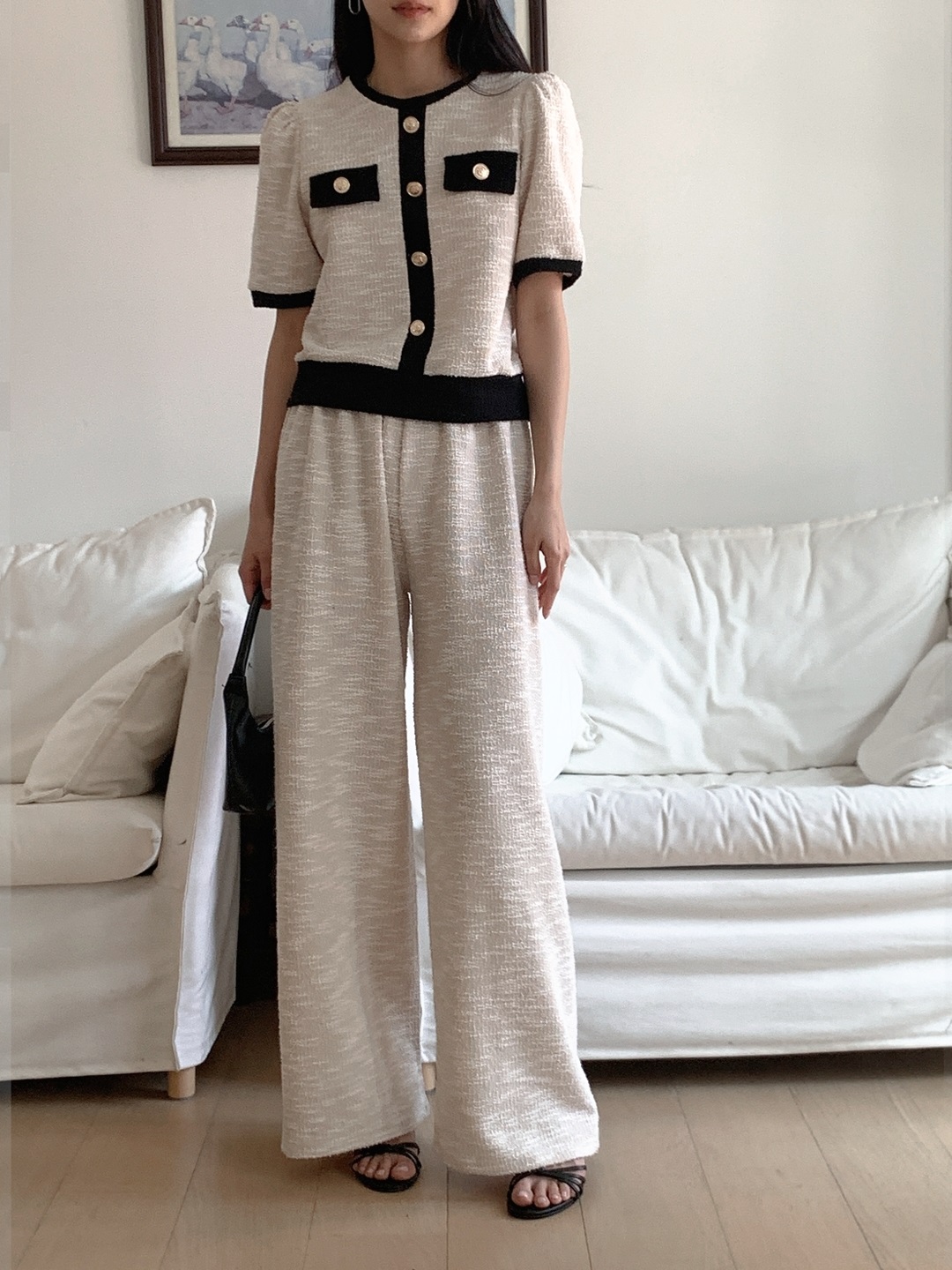 配色ラウンドネックベーシックウエストゴム半袖ワイドセットアップパンツニット | 詳細画像4