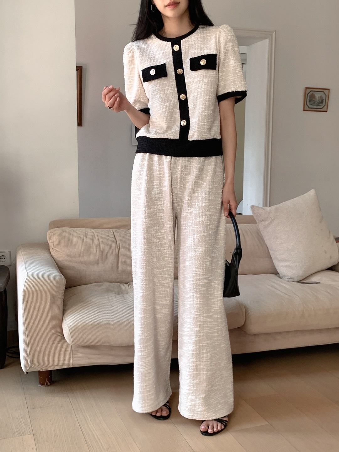 配色ラウンドネックベーシックウエストゴム半袖ワイドセットアップパンツニット | 詳細画像5