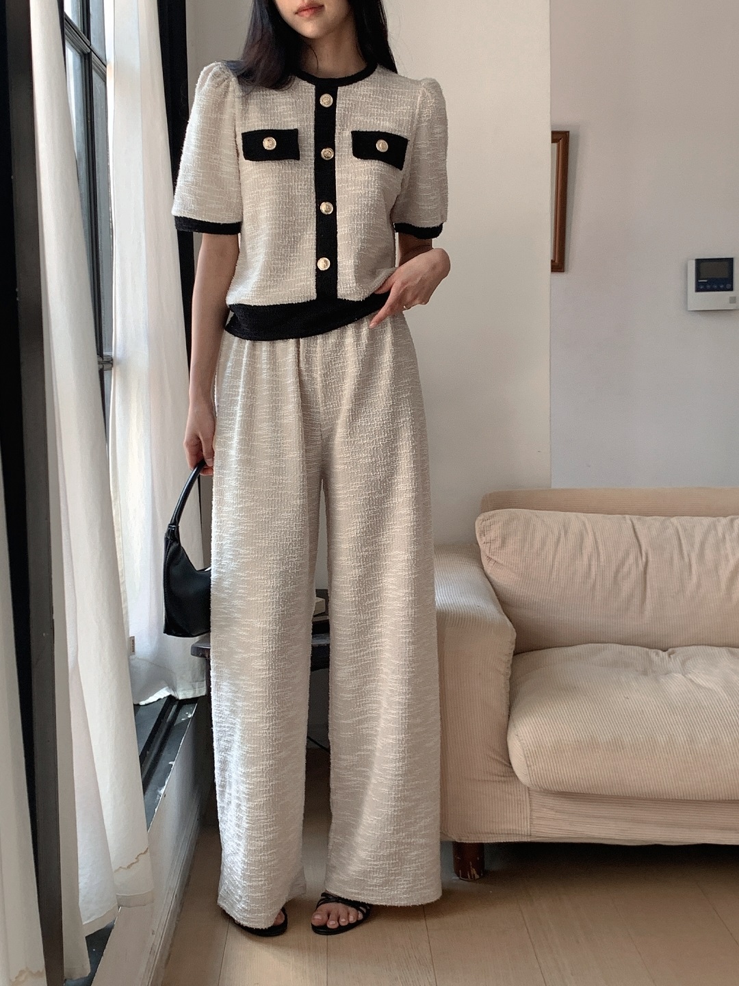 配色ラウンドネックベーシックウエストゴム半袖ワイドセットアップパンツニット | 詳細画像6