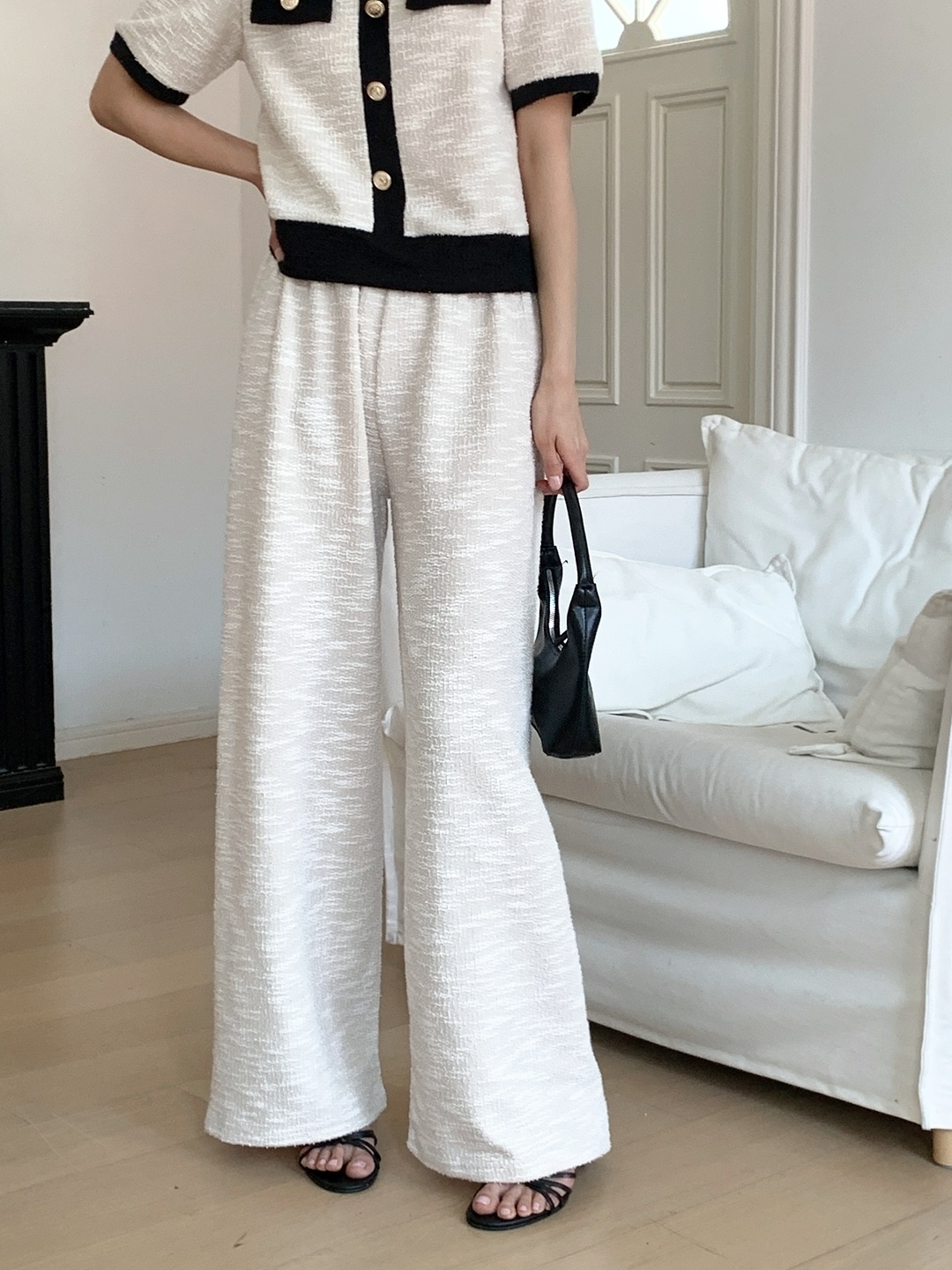 配色ラウンドネックベーシックウエストゴム半袖ワイドセットアップパンツニット | 詳細画像13