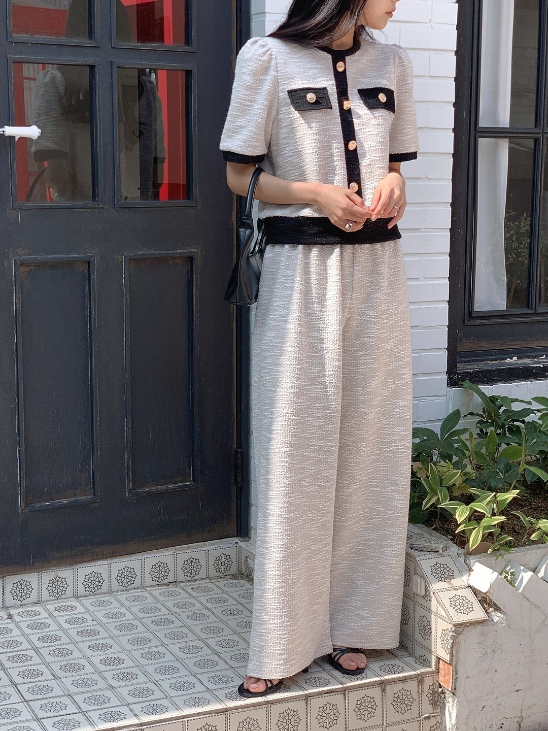 配色ラウンドネックベーシックウエストゴム半袖ワイドセットアップパンツニット | 詳細画像8