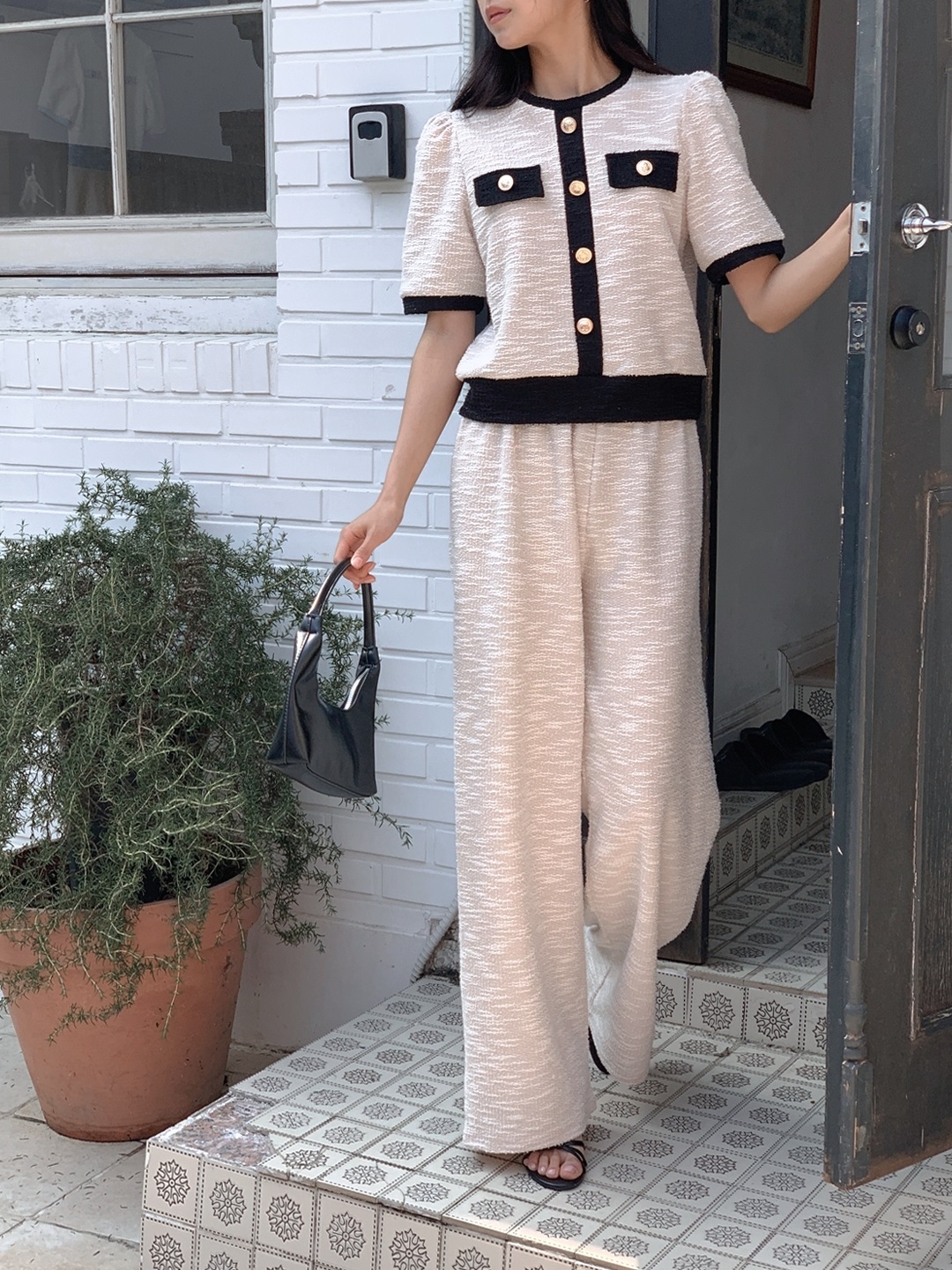 配色ラウンドネックベーシックウエストゴム半袖ワイドセットアップパンツニット | 詳細画像9