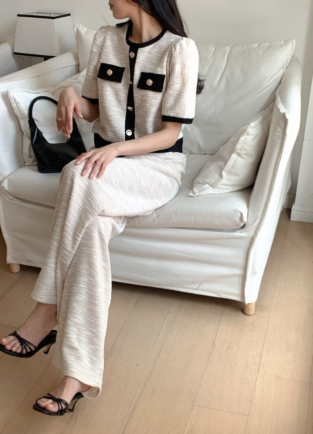 配色ラウンドネックベーシックウエストゴム半袖ワイドセットアップパンツニット | 詳細画像12