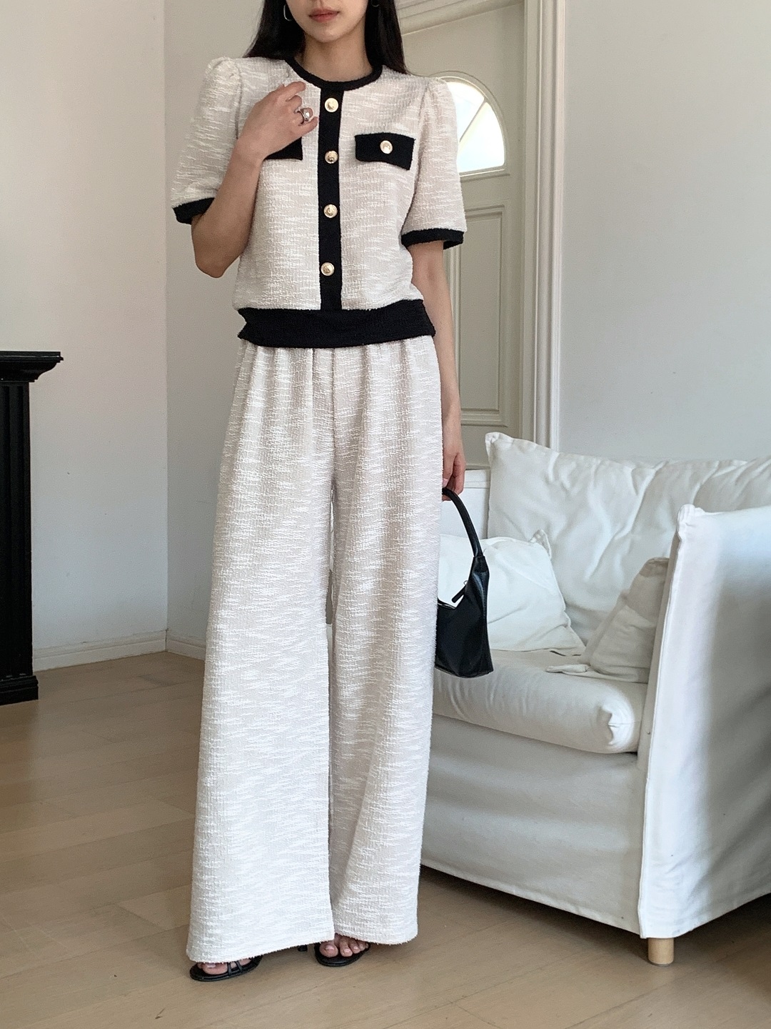 配色ラウンドネックベーシックウエストゴム半袖ワイドセットアップパンツニット | 詳細画像11