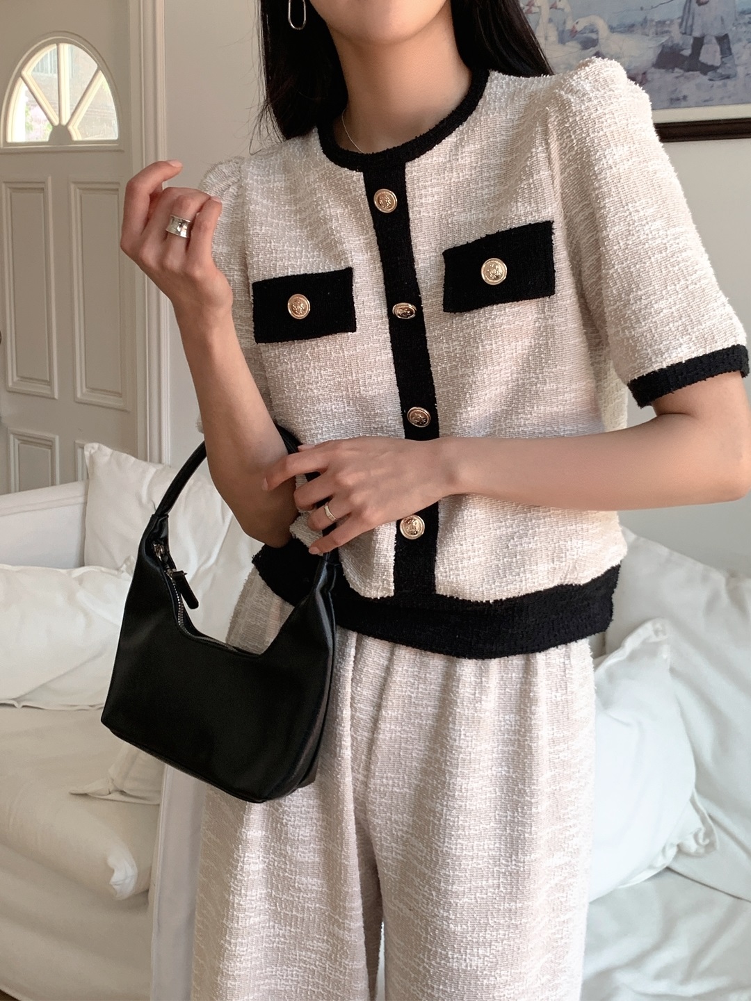 配色ラウンドネックベーシックウエストゴム半袖ワイドセットアップパンツニット | 詳細画像7