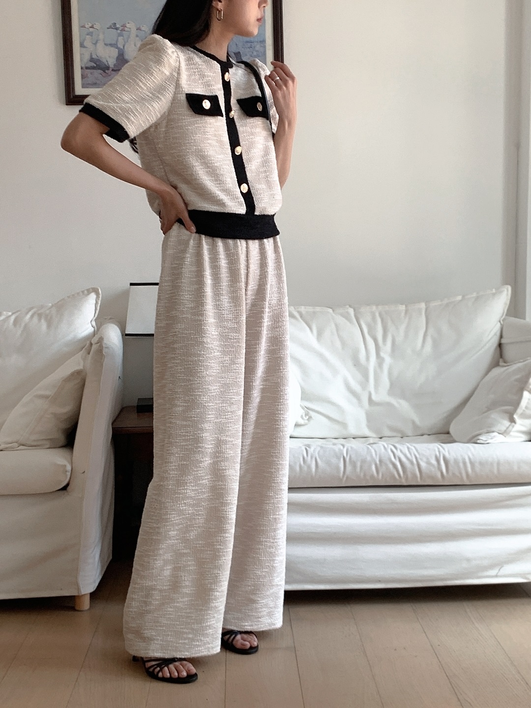 配色ラウンドネックベーシックウエストゴム半袖ワイドセットアップパンツニット | 詳細画像14