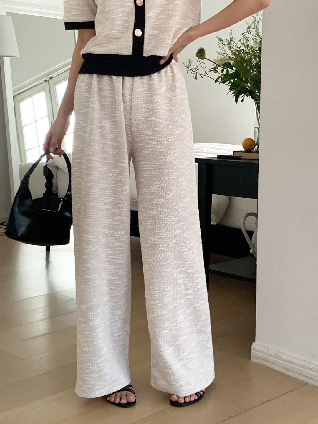 配色ラウンドネックベーシックウエストゴム半袖ワイドセットアップパンツニット | 詳細画像15