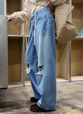 ダメージウォッシングワイドライトブルーデニムパンツ | レディース