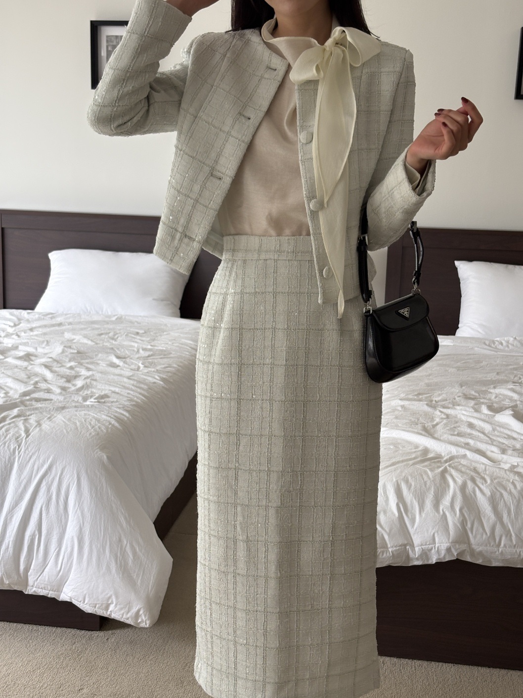 ツイードスパンコールラウンドネックノーカラースリット肩パッドロングセットアップスカートジャケット | 詳細画像4