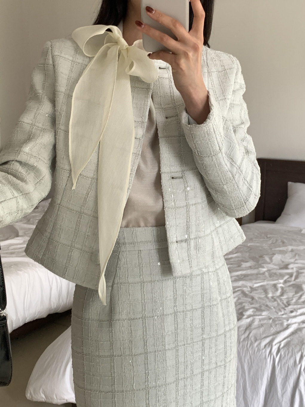 ツイードスパンコールラウンドネックノーカラースリット肩パッドロングセットアップスカートジャケット | 詳細画像6