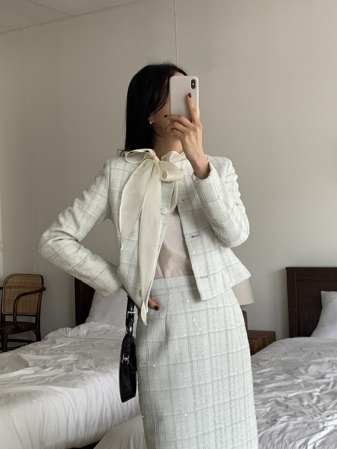 ツイードスパンコールラウンドネックノーカラースリット肩パッドロングセットアップスカートジャケット | 詳細画像7