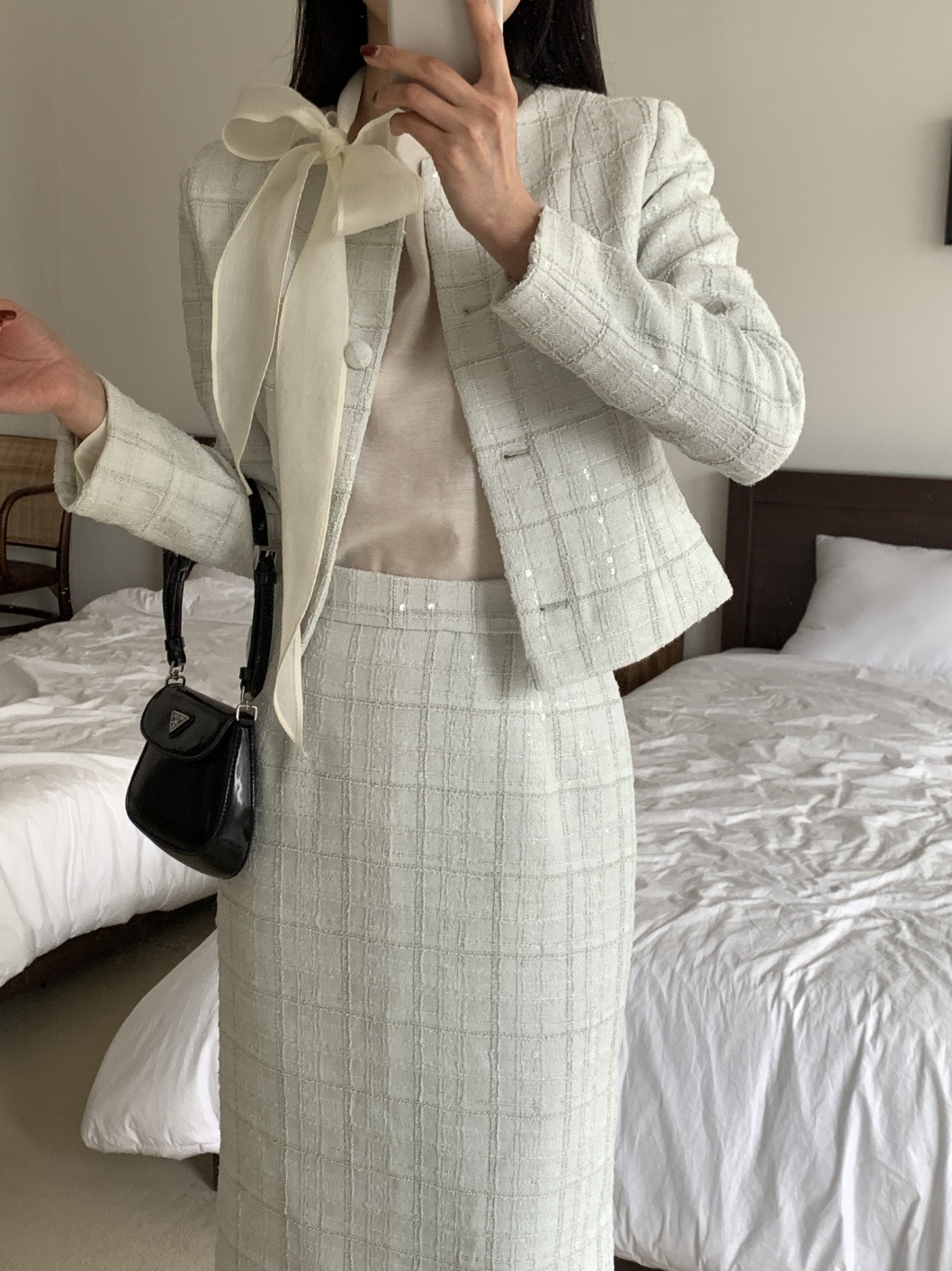 ツイードスパンコールラウンドネックノーカラースリット肩パッドロングセットアップスカートジャケット | 詳細画像8