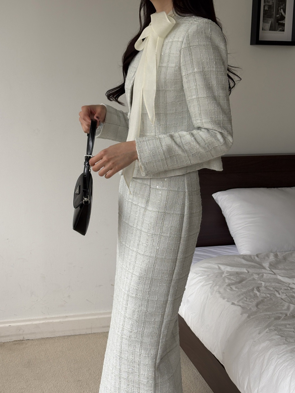 ツイードスパンコールラウンドネックノーカラースリット肩パッドロングセットアップスカートジャケット | 詳細画像10