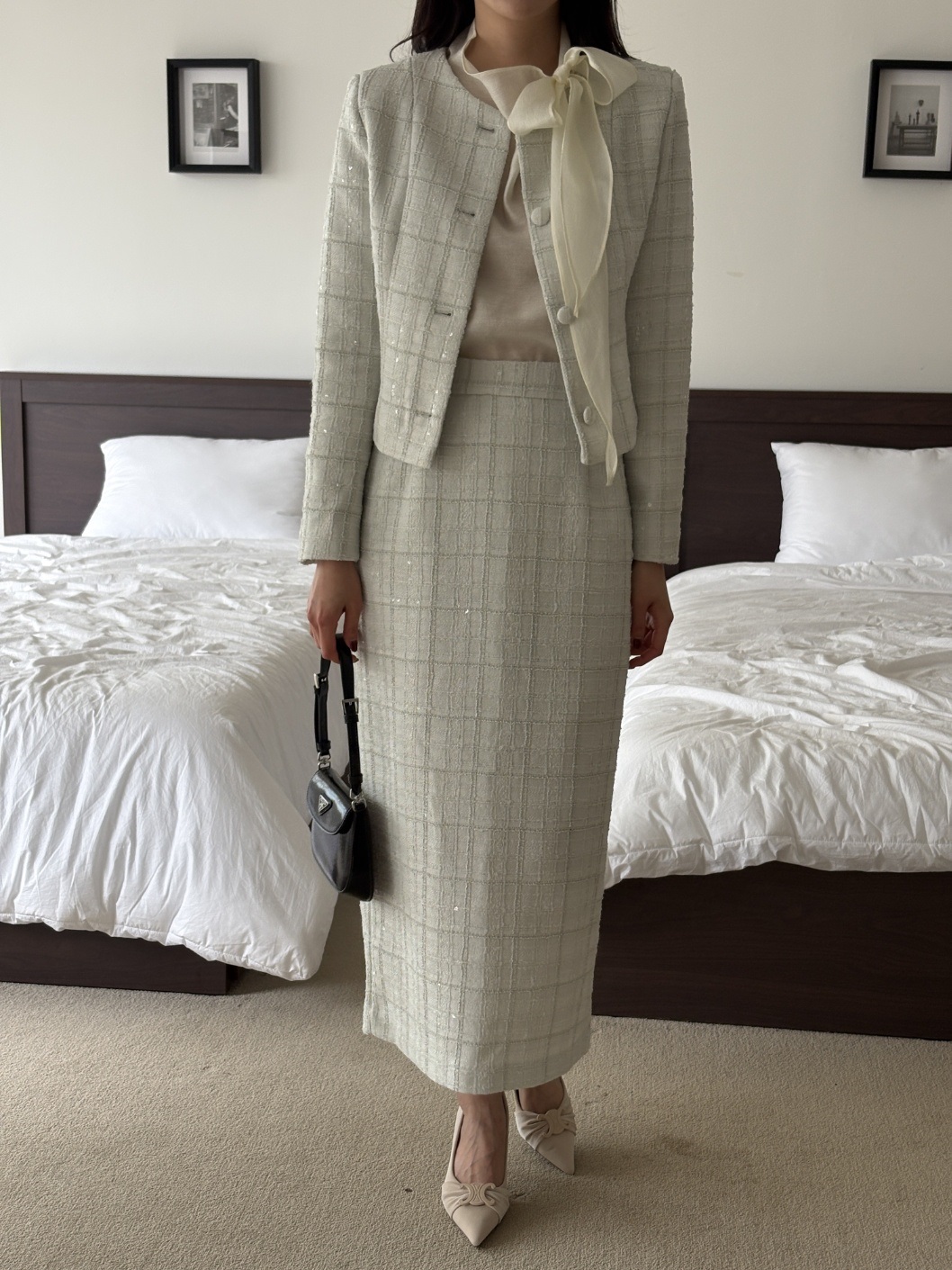 ツイードスパンコールラウンドネックノーカラースリット肩パッドロングセットアップスカートジャケット | 詳細画像11